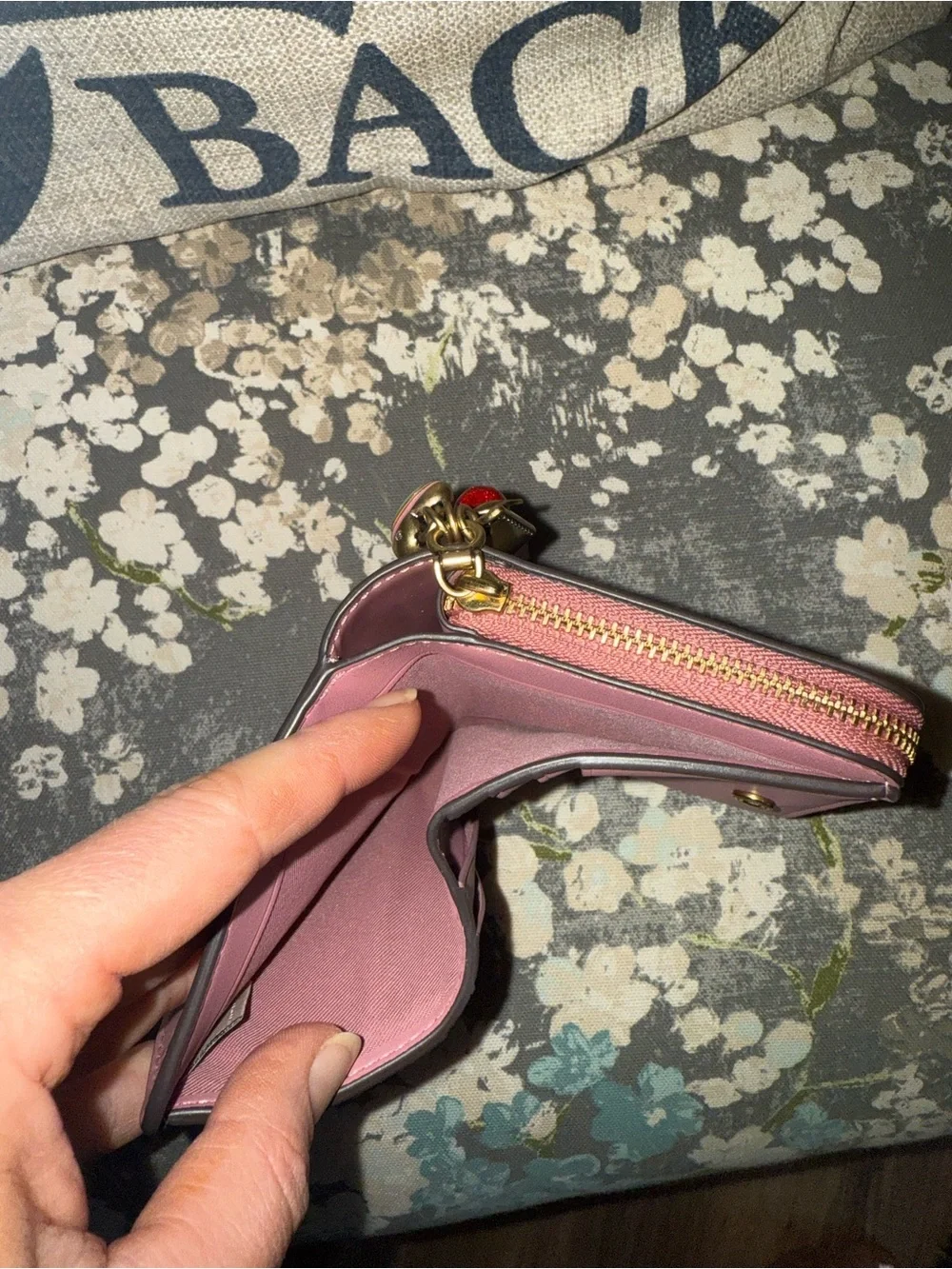 Coach Pink Zip Card Wallet with Cherry and Heart Charms